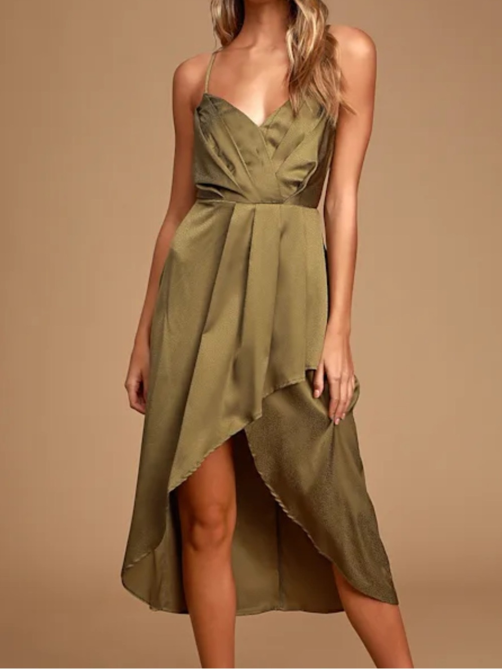 Lulu's Olive Green Satin Dress High-Low Pleated Midi Dress XS
